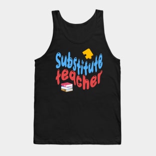 Substitute teacher blue and red text, puzzle and books Tank Top